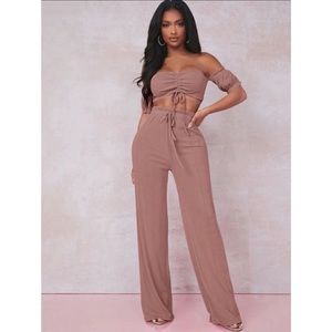 Off shoulder top and pants set.